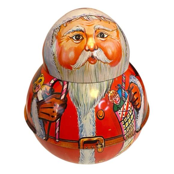 Vintage Roll Poly Santa Metal Tin Tobacco Candy Hong Kong St Nick Christmas Deco - Picture 1 of 14